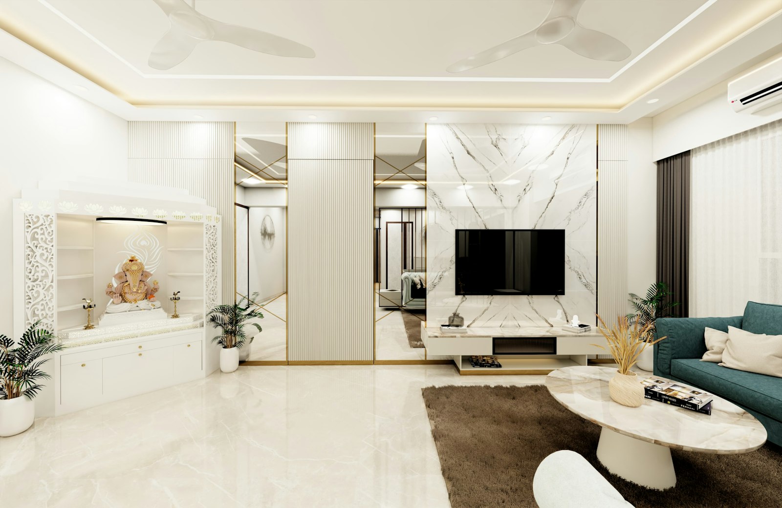 Living room with ceiling fans and a wall-mounted television